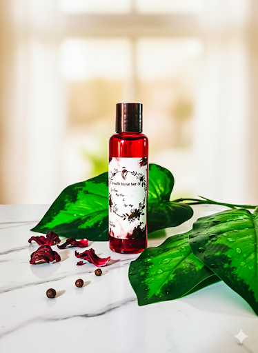 Revive Growth Hair Oil in its original red bottle among green leaves