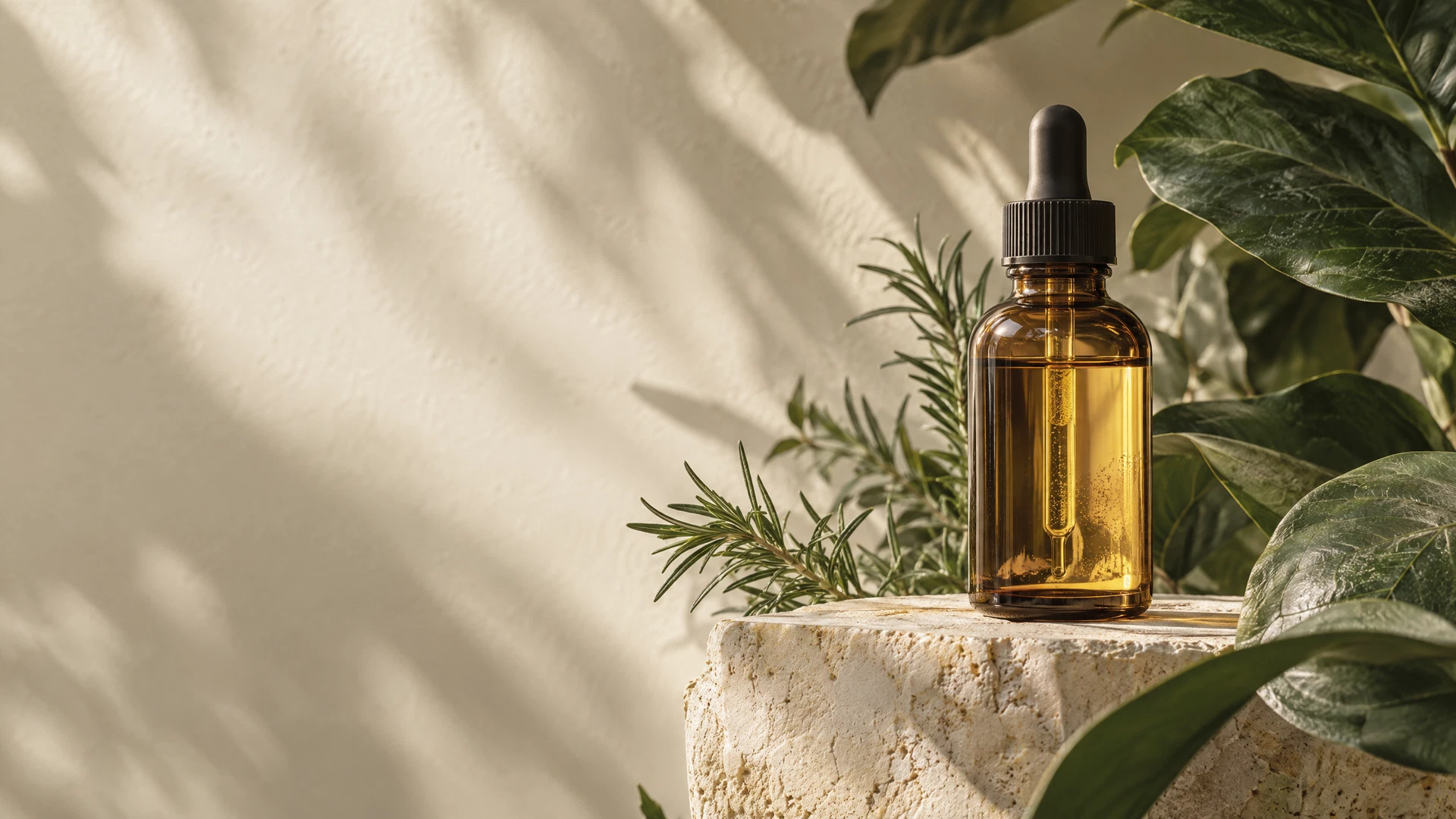 Amber botanical hair oil among sculptural green leaves and sunlit stone