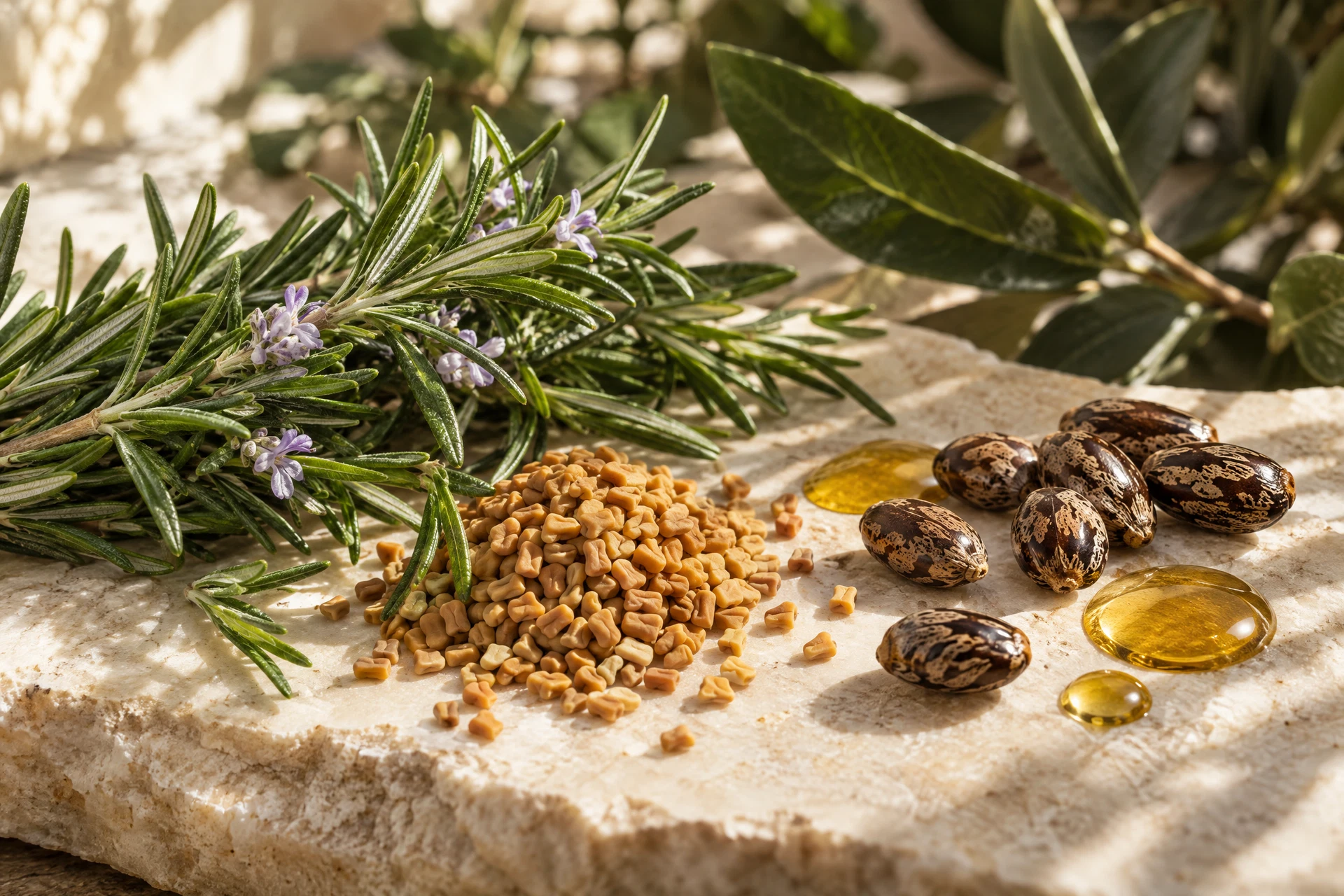 Botanical seeds, fresh rosemary and warm golden oil arranged on pale stone